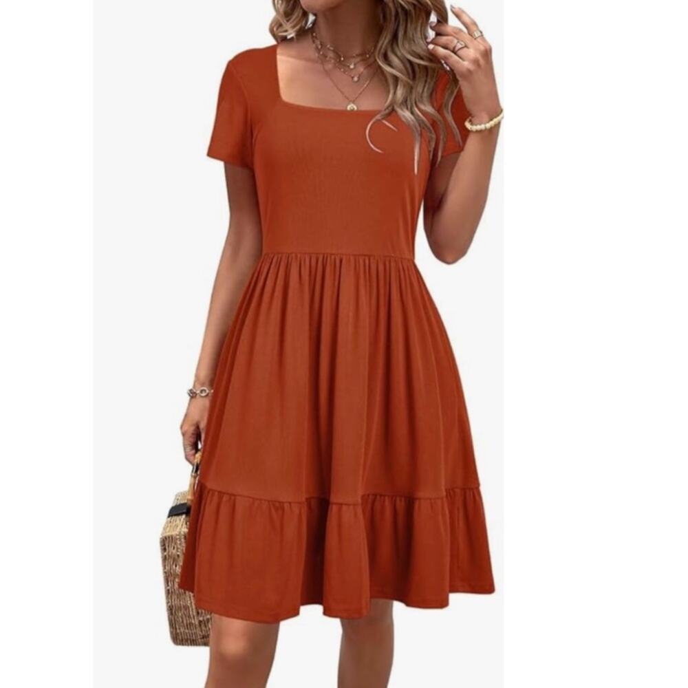 New NEWSHOWS Square Neck A-Line Ruffle Sundress Dress SIZE S Caramel